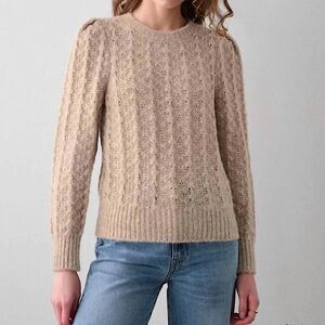 White + Warren Plush Tan Alpaca Wool Pointelle Knit Crewneck Sweater Size Medium